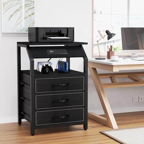 Modern Black End Tables Set of 2 with Charging & LED Lights & 3 Drawers