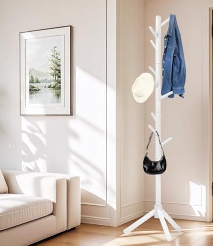 3 Height Adjustable Solid Wood Coat Rack with 9 Hooks (White)
