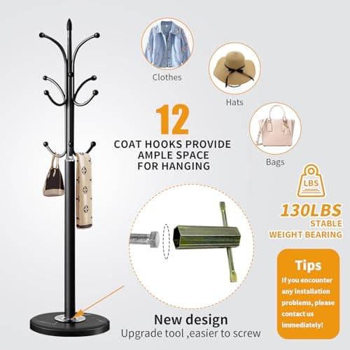 Black Freestanding Metal Coat Rack with 12 Hooks and Natural Marble Base