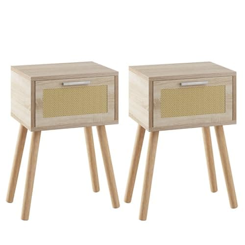 Modern Black Handmade Rattan Nightstand Set, Solid Wood Legs, Drawers for Bedroom and Small Spaces UHST010B-2