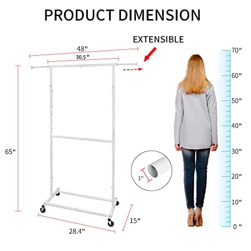 White Metal Double Rod Clothing Rack with Lockable Wheels, Portable Freestanding Organizer