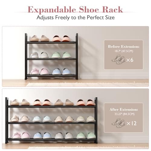 Sturdy 3-Tier Black Metal Shoe Rack for Closet and Front Door