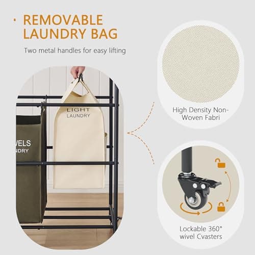 Gewudraw 3-Section Laundry Hamper Cart with Hanging Rack & 2-Tier Shelf