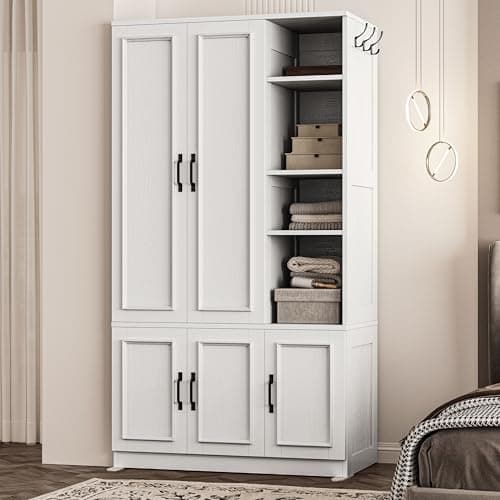 70 Wooden Armoire Wardrobe Closet with 5 Doors and Shelves for Bedroom Clothes (White)