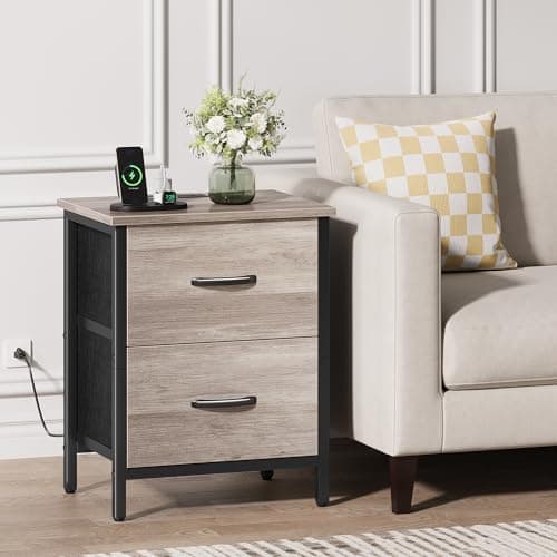 Vagusicc Greige Nightstand Set of 2 with Charging Station