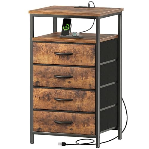 Huuger 33.9 Inch Tall Night Stand with Charging Station & 4 Drawers, Gray