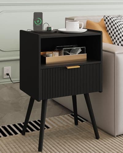 Yellow Oak Modern Nightstand with Storage Drawer & Wood Shelf
