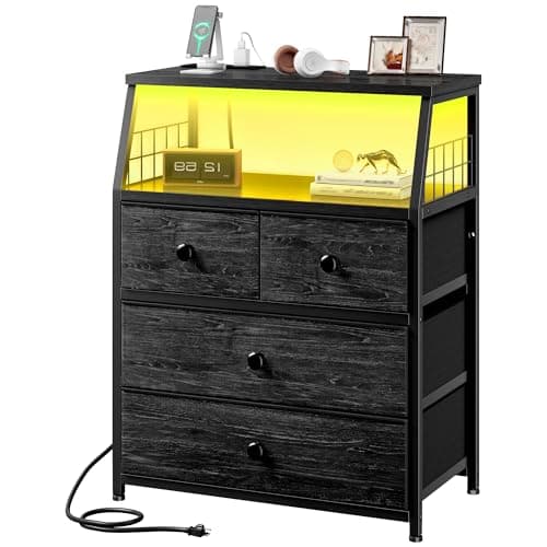 EnHomee Rustic Brown Nightstand with Charging & LED Lights, 4 Drawer Bedside Table, Wood Shelf, 2 USB Ports