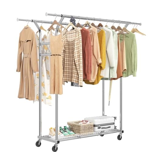 Heavy Duty Rolling Clothes Rack 400 LBS, Standing Metal Garment Rack with Shelves & Sturdy Wheels