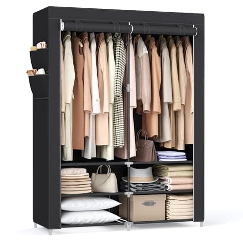 SONGMICS Spacious Portable Closet with Shoe Rack & Cover, 2 Rods, Shelves, & Pockets, Black URYG008B02