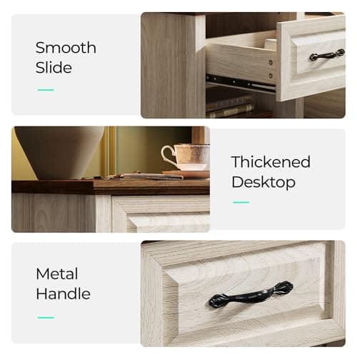 LINSY Beige Farmhouse Wood Night Stand with Type-C Charging Drawer