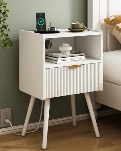 Black Modern Nightstand with Outlet and Storage, Solid Wood Legs, Easy Assembly