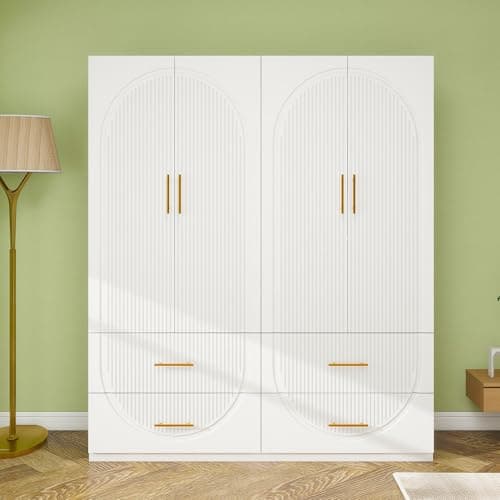White Large Wood Armoire Wardrobe with 4 Doors 2 Drawers Shelves Hanging Rails