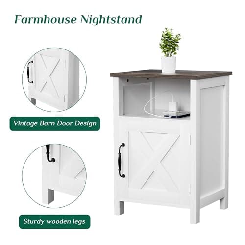 Farmhouse Nightstand with Charging Station, Set of 2 White Side Tables
