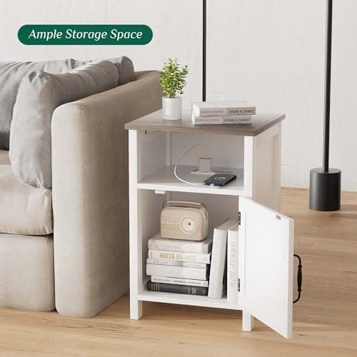Farmhouse Nightstand with Charging Station, Set of 2 White Side Tables