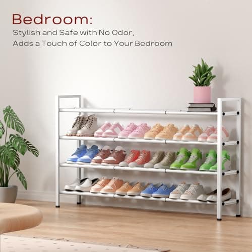 Sturdy White Metal 4-Tier 18"-44" Adjustable Shoe Rack, Stores 20-24 Pairs