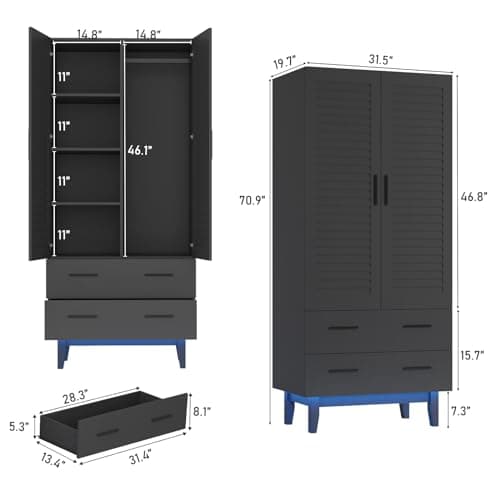 Black 2 Door Armoire Wardrobe with Drawers & LED Lights