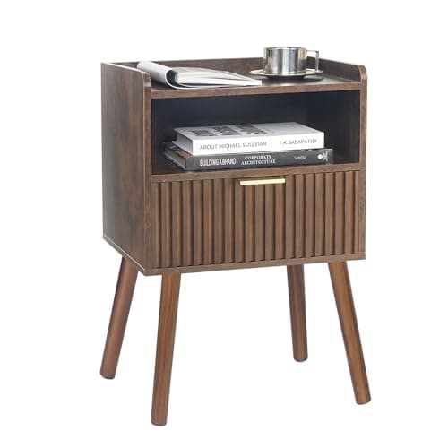 AWASEN Mid Century Modern Nightstand, Fluted Drawers, Rustic Brown for Living Room & Bedroom