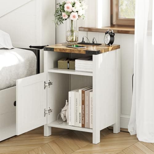 Modern White Farmhouse End Tables with Charging Station Set of 2