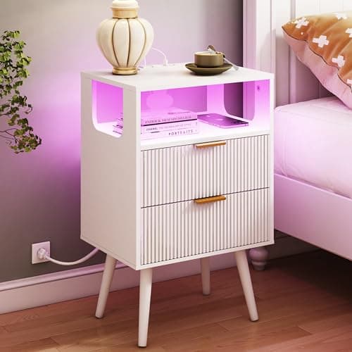 Modern Black Nightstand with Charging and LED Lights, 2 Drawers and Shelf