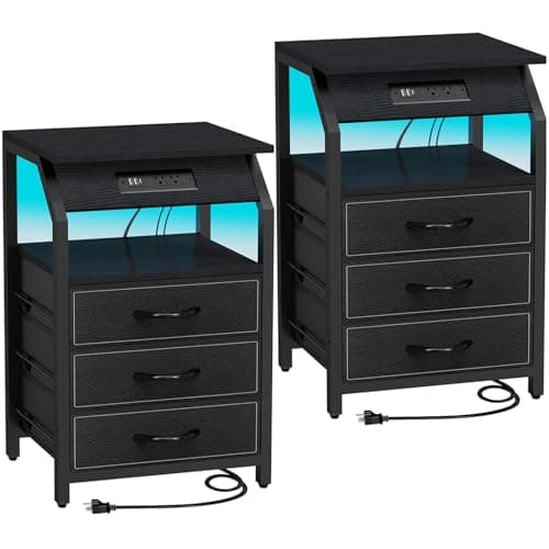 Modern Black End Tables Set of 2 with Charging & LED Lights & 3 Drawers