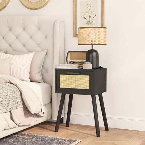 Modern Black Handmade Rattan Nightstand Set, Solid Wood Legs, Drawers for Bedroom and Small Spaces UHST010B-2