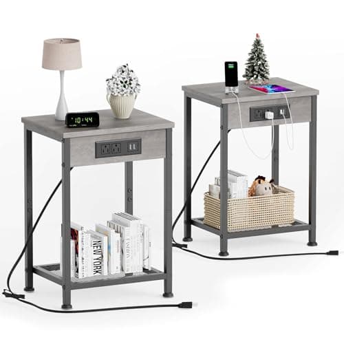 Fixwal End Table Set of 2 with Charging Station (Light Walnut Gray)