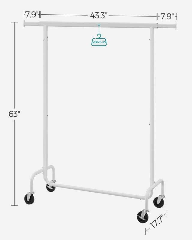 SONGMICS Heavy-Duty Rolling Clothes Rack, 286.6 lb Capacity, Extendable Rod, Matte White