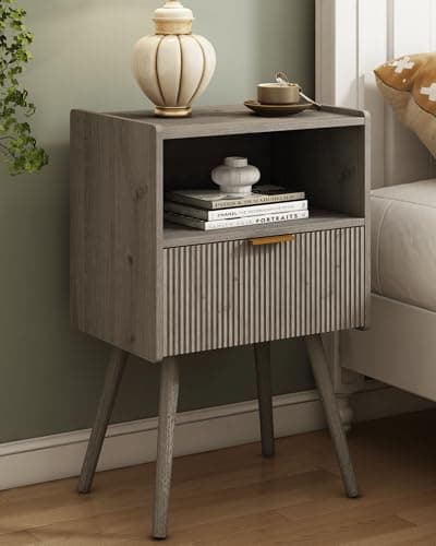 Black Modern Nightstand with Outlet and Storage, Solid Wood Legs, Easy Assembly