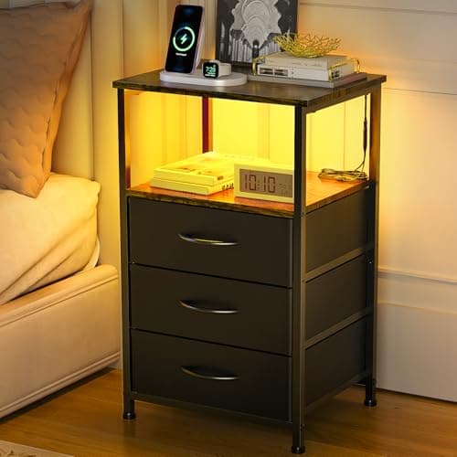White Nightstand with LED Light, 3 Fabric Drawers for Small Spaces