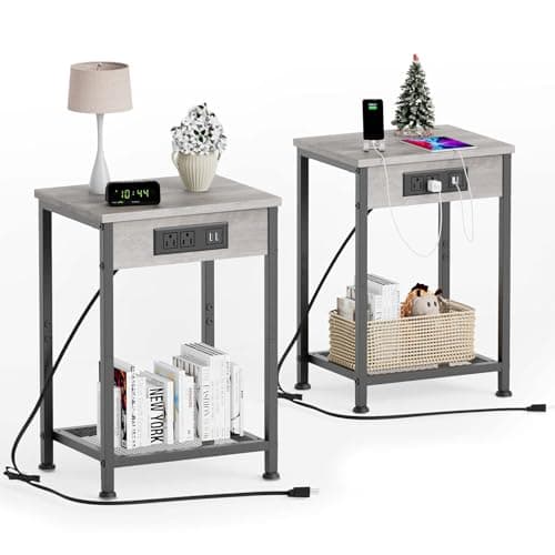 Fixwal End Table Set of 2 with Charging Station (Light Walnut Gray)