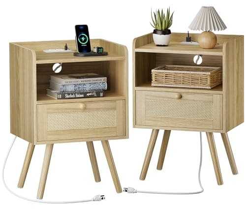 SUPERJARE Nightstands Set of 2 with Charging Station & PE Rattan Drawer, Solid Wood Feet - Natural