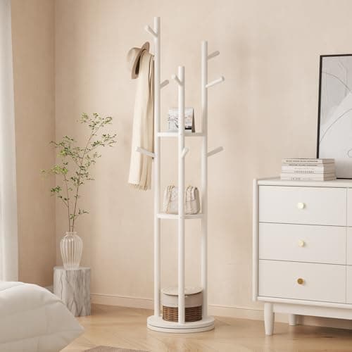 KungFuWood KASLANDI Solid Wood Coat Rack, 3 Shelves 9 Hooks, White