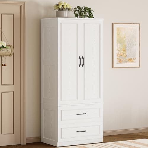 LIKIMIO 70 Wooden Wardrobe Closet with 2 Doors & 2 Drawers - Freestanding White Design for Bedroom