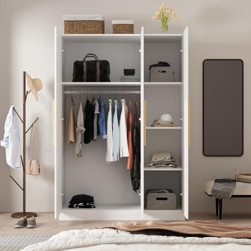 MOUMON White Armoire Wardrobe 3 Doors Cube Shelves 18.9" D x 47.2" W x 70" H