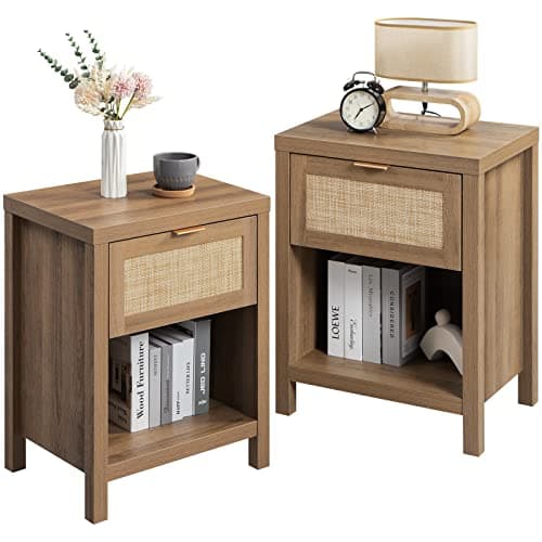 SICOTAS Farmhouse Nightstand Set - Oak Drawer & Storage Shelf - Boho Bedroomaccent