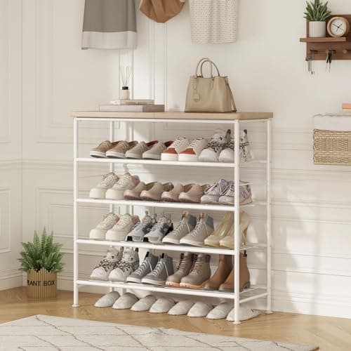 White + Oak 5-Tier Metal Shoe Organizer for Closet Entryway