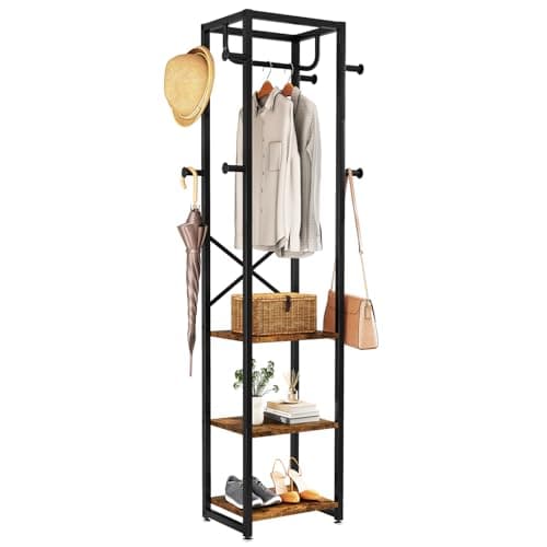 IBUYKE White Freestanding Coat Rack with 3 Shelves and 8 Hooks UTMJ088W