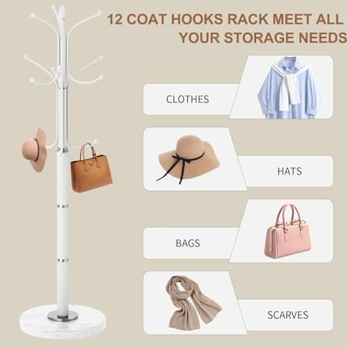Sturdy Modern Metal Coat Rack Stand with 12 Hooks & Natural Marble Base