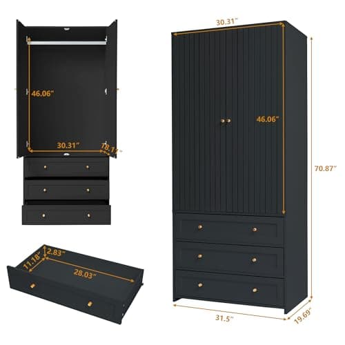 71" Wooden Wardrobe Armoire with 4 Doors & 6 Drawers for Bedroom Storage