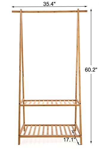 Finnhomy Large Portable Bamboo Clothes Rack with 2-Tire Storage Shelves