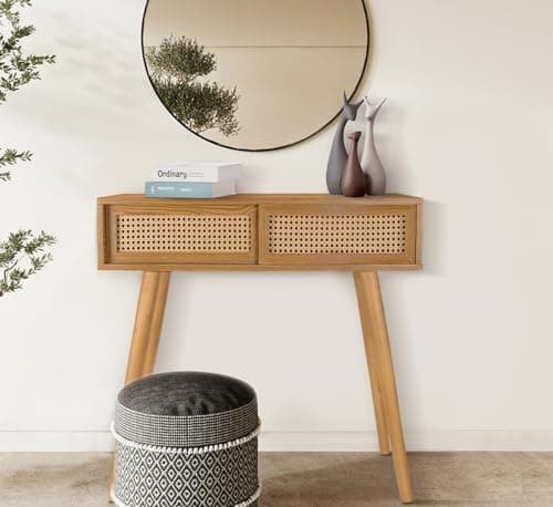 Narrow Boho Console Table, 31" Rattan Entryway Vanity