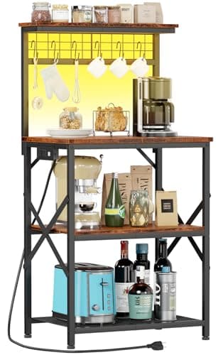 Furologee Rustic Brown Bakers Rack with Power & LED Light, 4 Tier Spices & Pot Storage