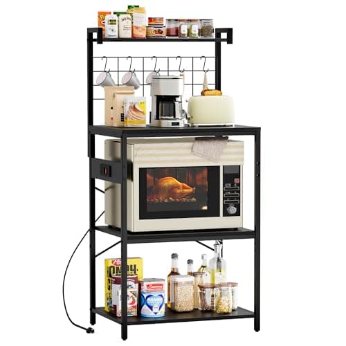 YESHOMY Heavy Duty 5-Tier Baker’s Rack with Power Outlet & Hooks, Spices Storage Shelf, Rustic Brown