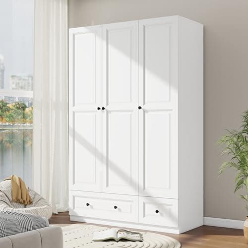 White 3-Door Wardrobe Closet with Drawers & Shelves (47")