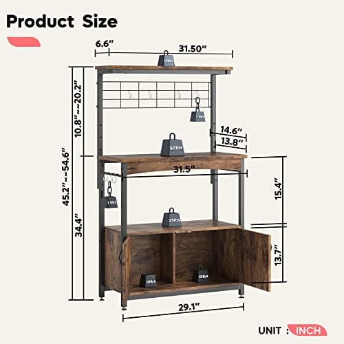 Bestier Height-Adjustable 45-55" Microwave Racks with Storage & Wheels, Rustic Brown