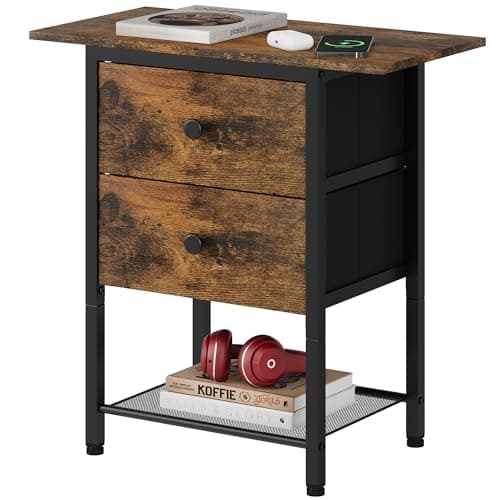 Rustic Brown End Table with 2 Drawers and 2-Tier Storage Shelf