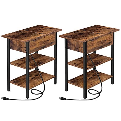 HOOBRO Flip Top Nightstand with Charging Station, Rustic Brown BF341BZP
