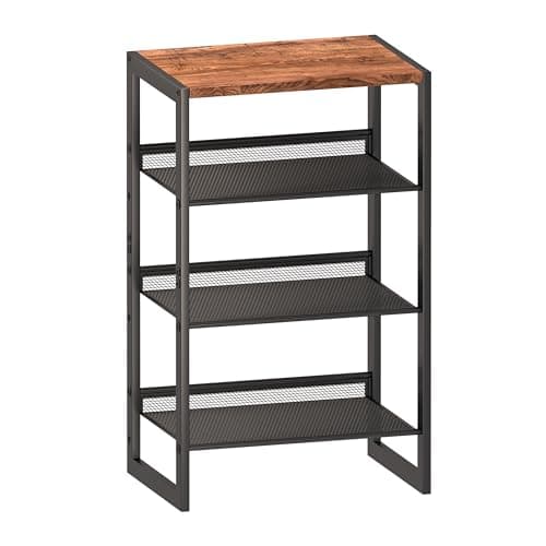 Slim 4-Tier Wood & Mesh Shoe Rack, Space-Saving Entryway Organizer