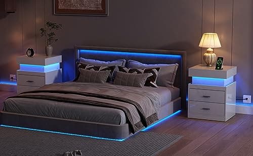 ChooChoo Smart Nightstand with Charging, Sliding Top Storage, 2-Drawers, Modern Bedside Table, White
